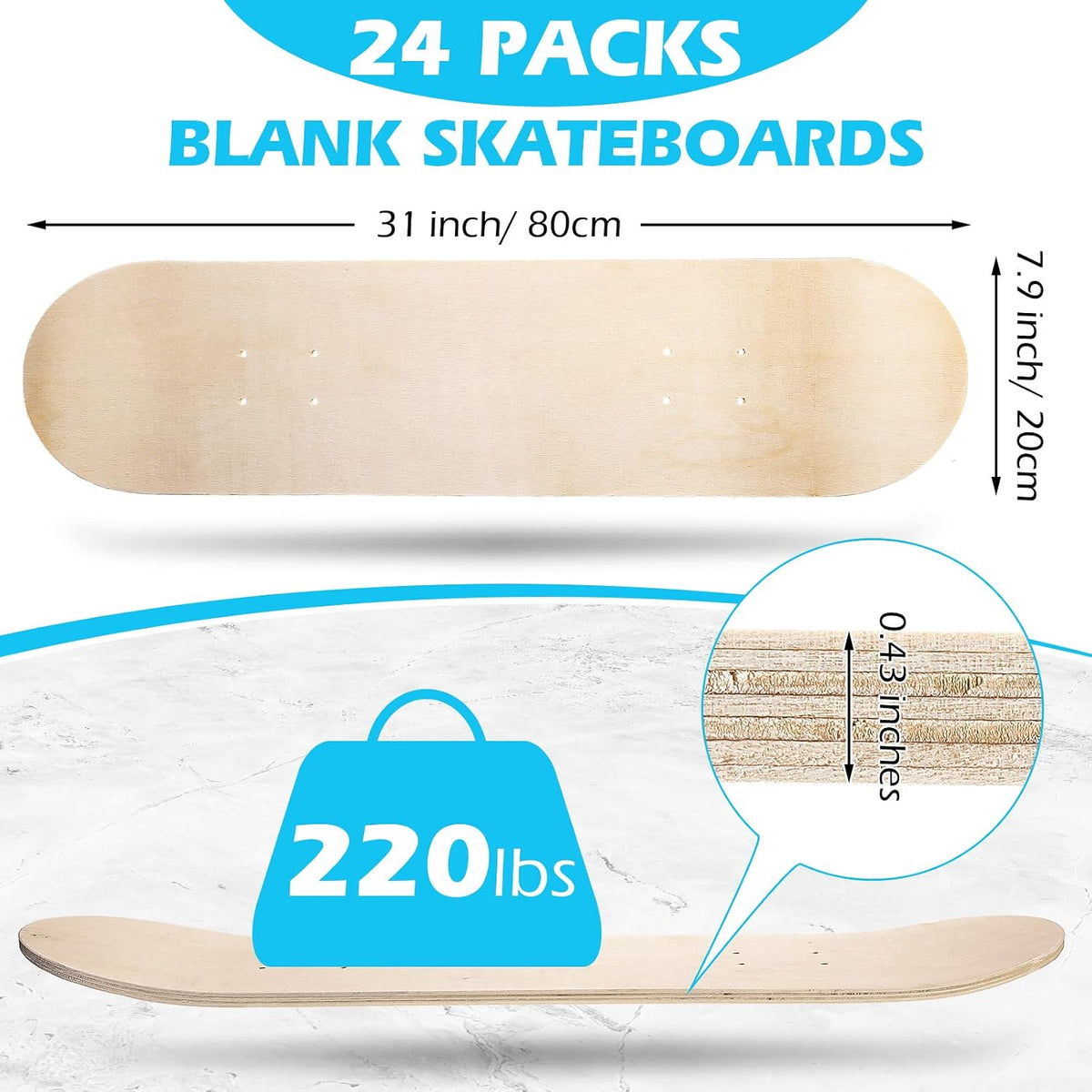 Meooeck Blank Skateboard Decks Bulk 7.9 x 31 Inch Natural 7 Layer Wooden Double Tail Plain Skate Decks for Replacement Art Painting Home Decor