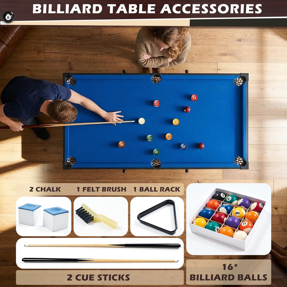 53 Inch Folding Pool Table with Built-in Ball Storage and Cue Clips, Freestanding Billiard Game Table Set for Family Game Room, Includes Cues, Balls, Chalk and Brush