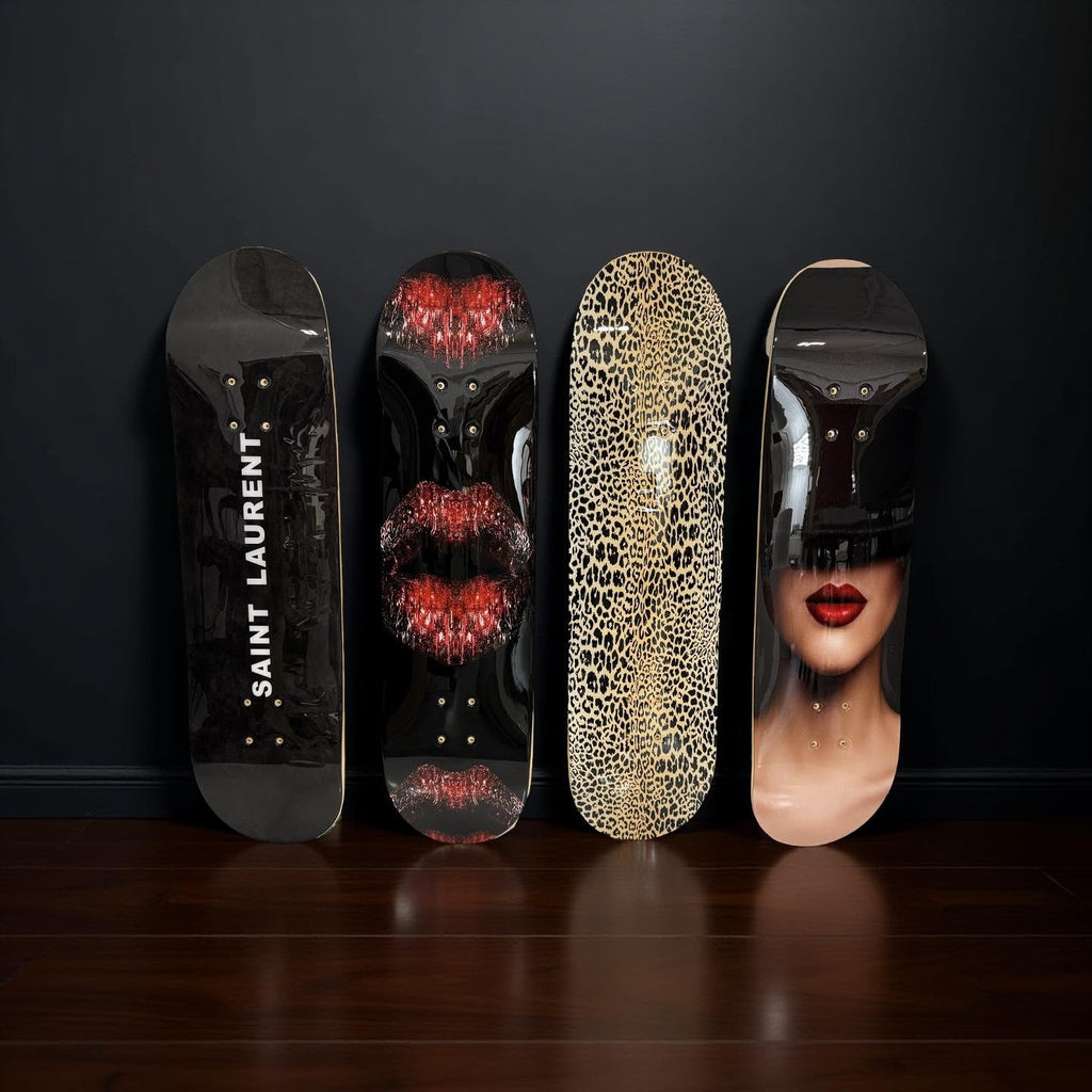 BDTrims 3 Pack Designer-Influenced Pop Art Skateboard Deck Set, Black White and Leopard Print, Premium 7-Ply Maple, Wall Decor, Customization Available