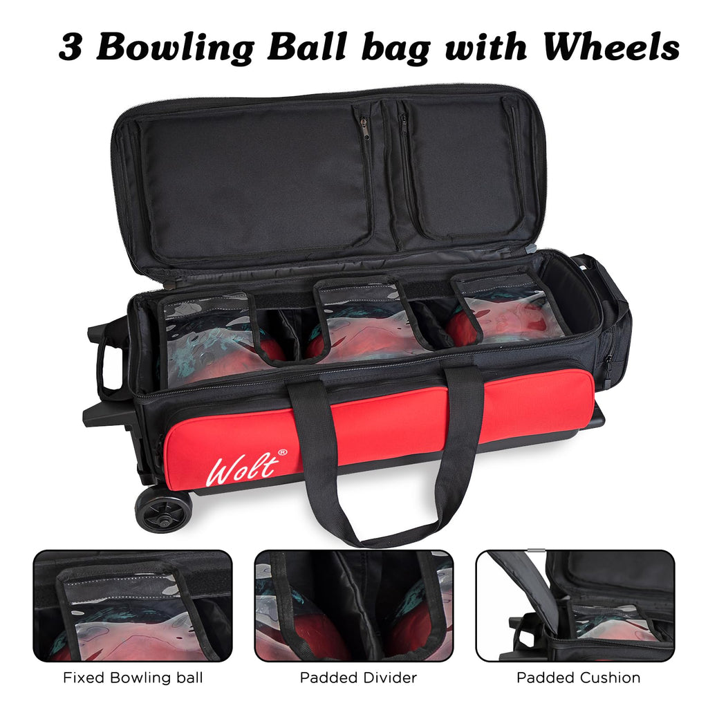 WOLT 3 Ball Bowling Bags with Wheels,Retractable Handle Extends to 38ââ