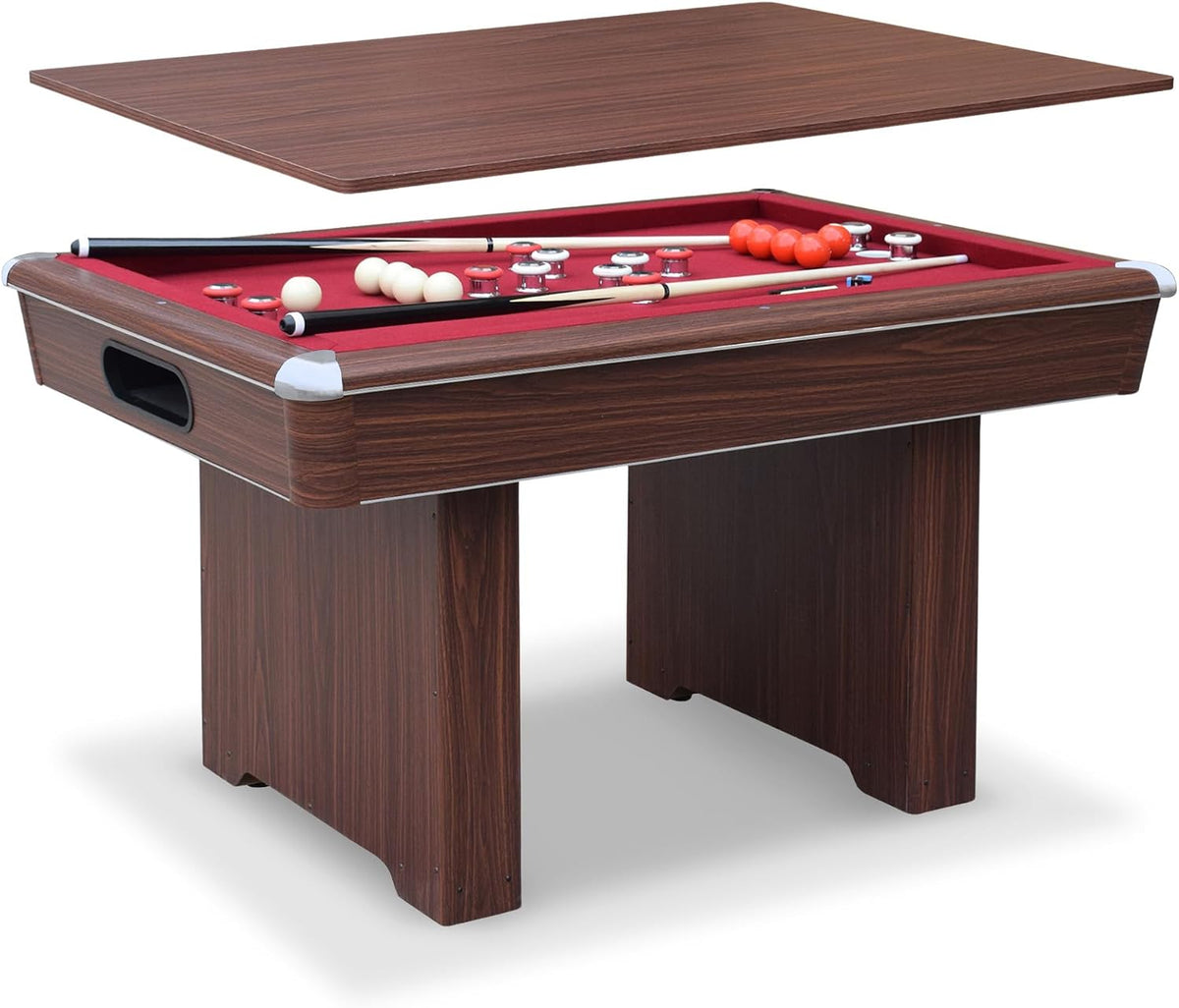 Hathaway Renegade II 54-in Bumper Pool Table for Game Room â 3 in 1 Game Table with Reversible Top & Ball Return System â Includes Cues, Balls, Chalk, Brush & Cards â Red Felt with Walnut Finish