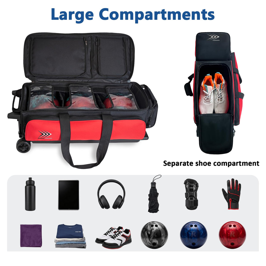 WF 3 Ball Roller Bowling Bag with Wheels & Separate Shoes Pocket