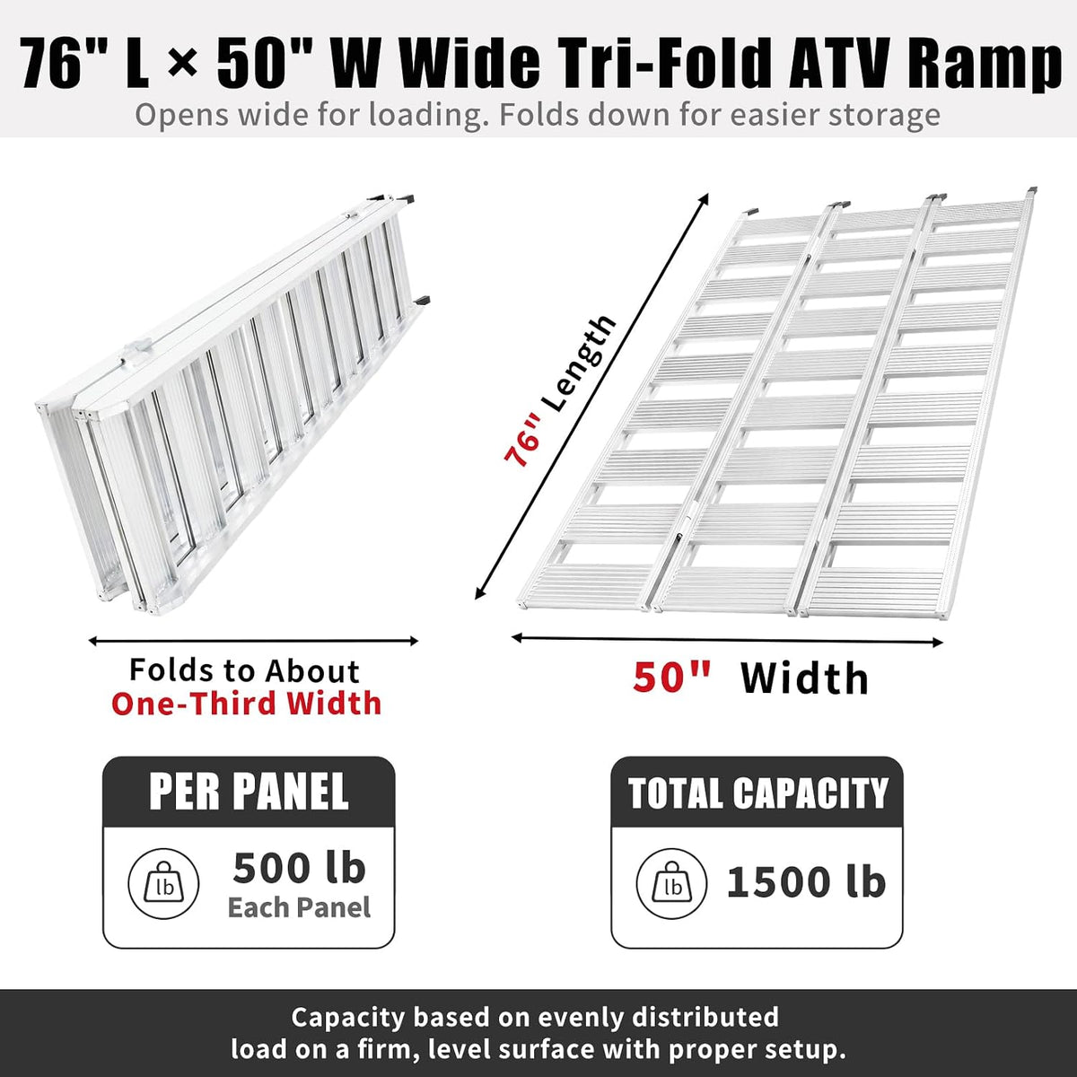 Aluminum Tri-Fold ATV Loading Ramp, 76" x 50" Wide Platform, 1500 lb Capacity with Safety Straps for Lawn Mower, Snow Blower, Motorcycle, Pickup Truck