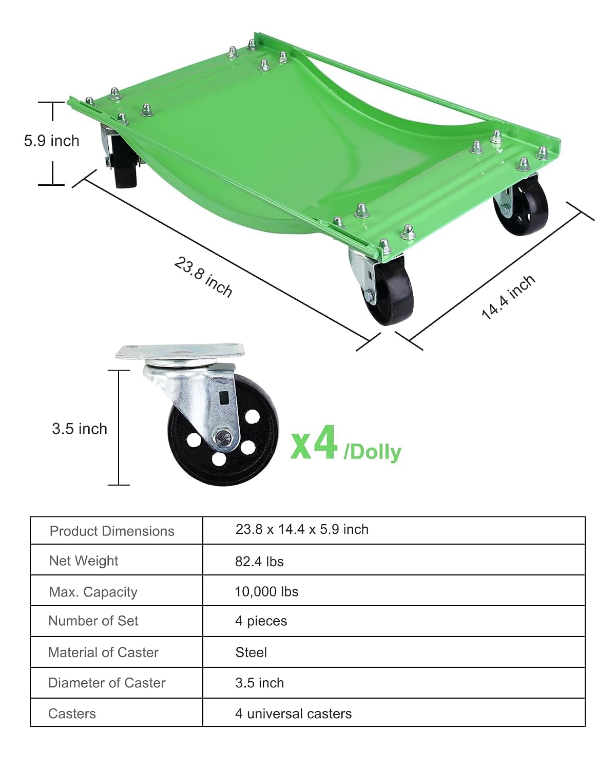 GarveeTech Car Dolly Set of 4, Heavy Duty 10,000 LBS Max Capacity Wheel Dolly, Antiskid Vehicle Dollies for Moving Car with 3.5 in Swivel Steel Wheels for Moving Cars, Trucks, Green