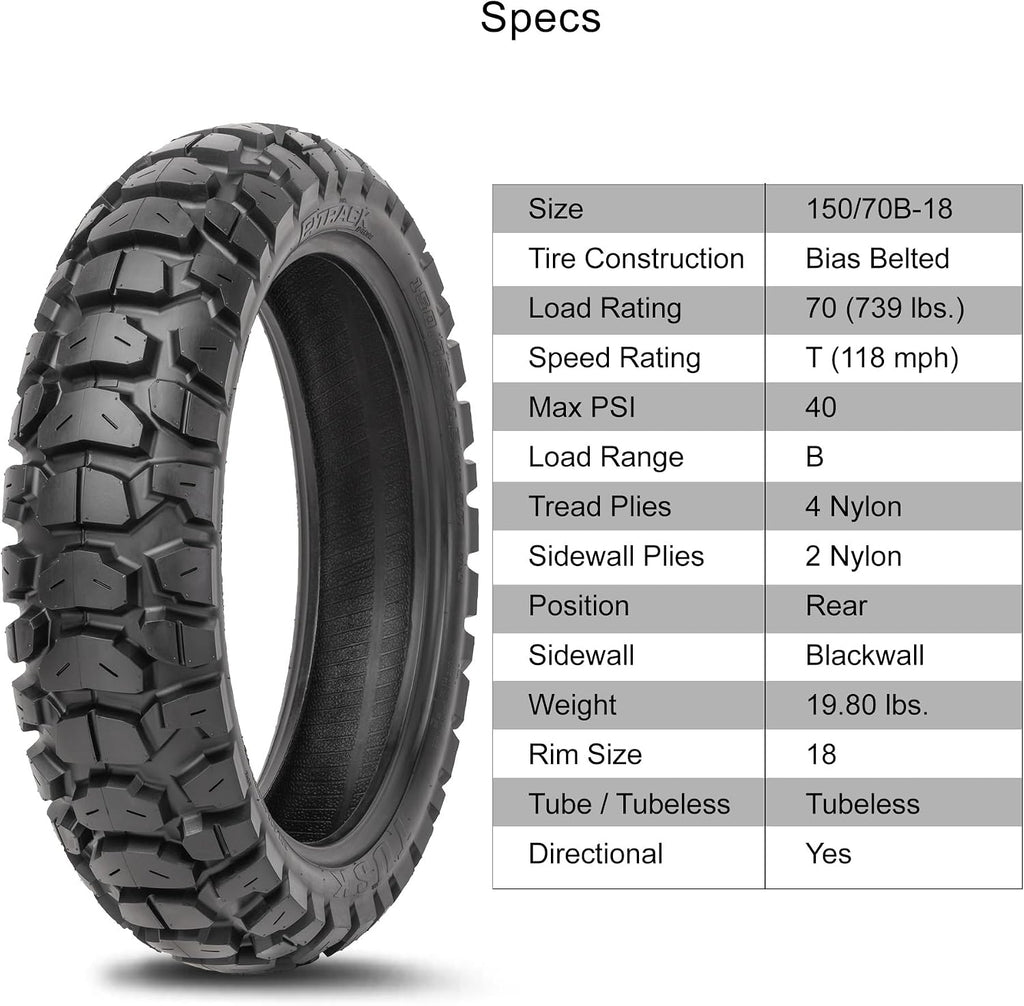 Tusk 2Track Adventure Tire Rear 150/70B-18 (70T) â Dual-Sport Motorcycle Tire, Directional Knobby Tread, Durable Bias Construction, DOT Compliant