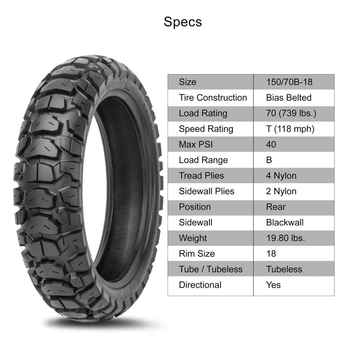Tusk 2Track Adventure Tire Rear 150/70B-18 (70T) â Dual-Sport Motorcycle Tire, Directional Knobby Tread, Durable Bias Construction, DOT Compliant