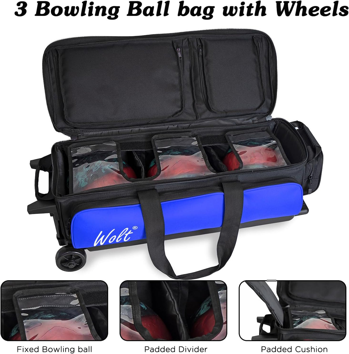 WOLT 3 Ball Bowling Bags with Wheels,Retractable Handle Extends to 38ââ