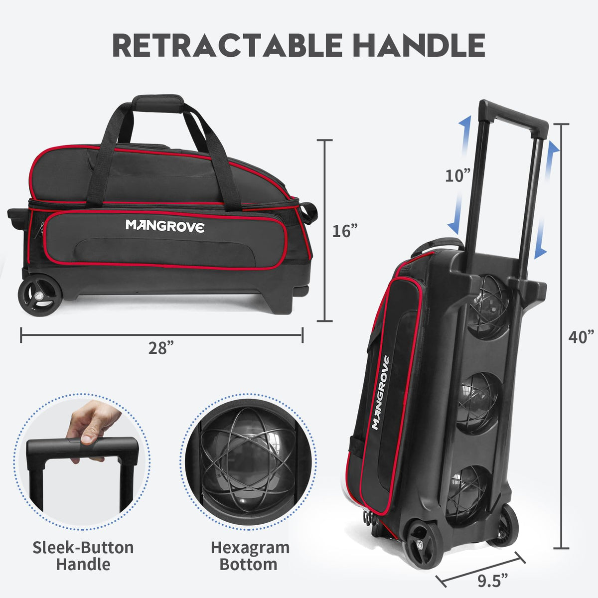 Mangrove 3 Ball Bowling Bag with Wheels/Shoe Compartment/Reinforced Base