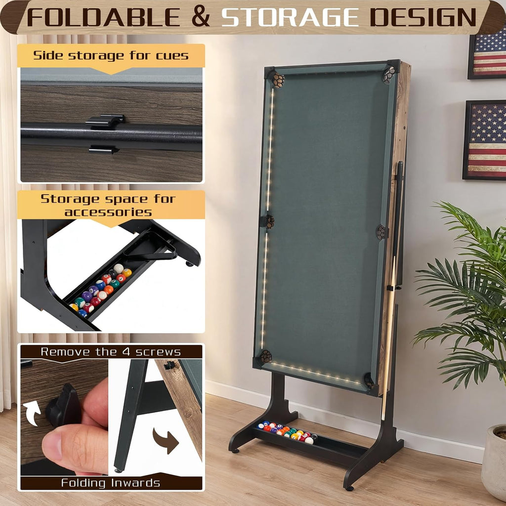 RAYKEEP 4.5FT Folding Pool Table with LED Lights, Portable Billiard Table with Built-in Cue & Ball Storage, Indoor Compact Game Table for Adults & Kids Home, Game Room, Includes Full Accessories