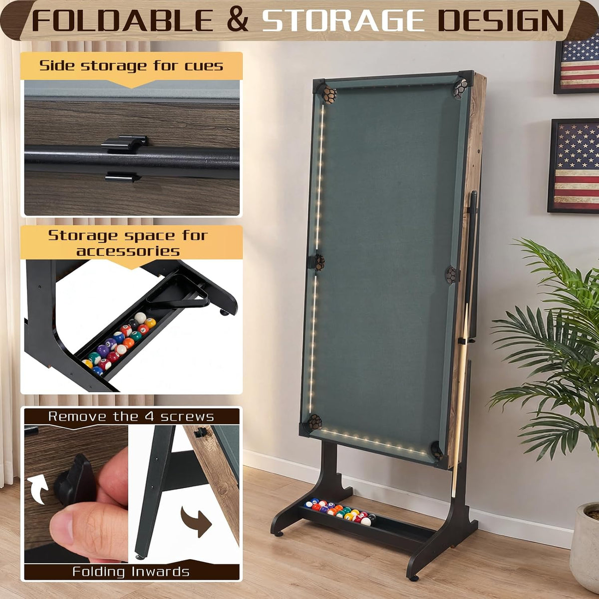 RAYKEEP 4.5FT Folding Pool Table with LED Lights, Portable Billiard Table with Built-in Cue & Ball Storage, Indoor Compact Game Table for Adults & Kids Home, Game Room, Includes Full Accessories