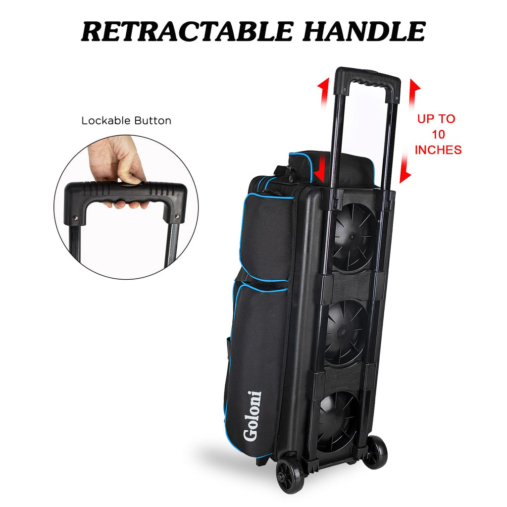 Goloni 3 Ball Bowling Bags with Wheels,Rolling Bowling Ball Bag for 3 Bowling Balls & Bowling Accessories -Retractable Handle Extends to 38"