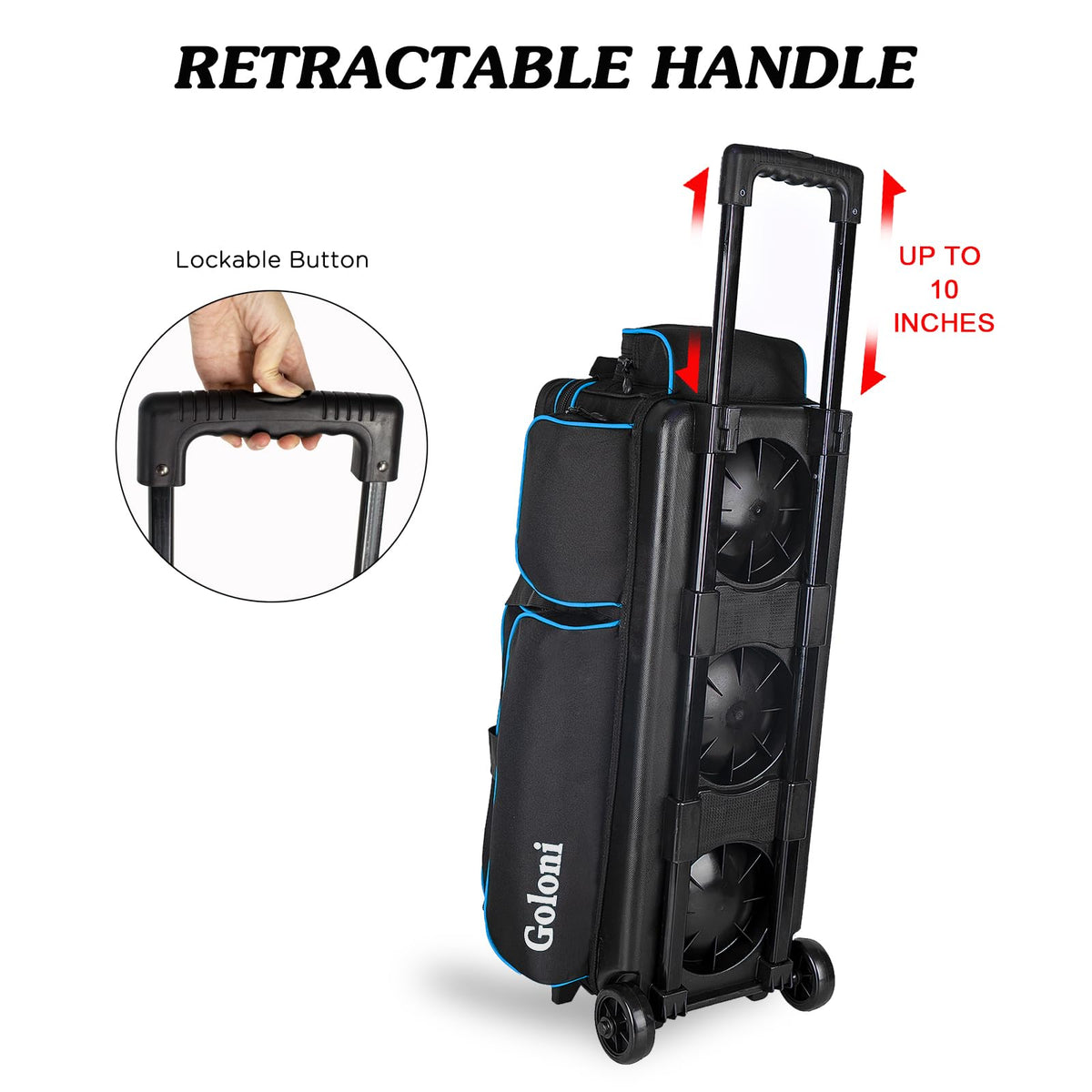 Goloni 3 Ball Bowling Bags with Wheels,Rolling Bowling Ball Bag for 3 Bowling Balls & Bowling Accessories -Retractable Handle Extends to 38"