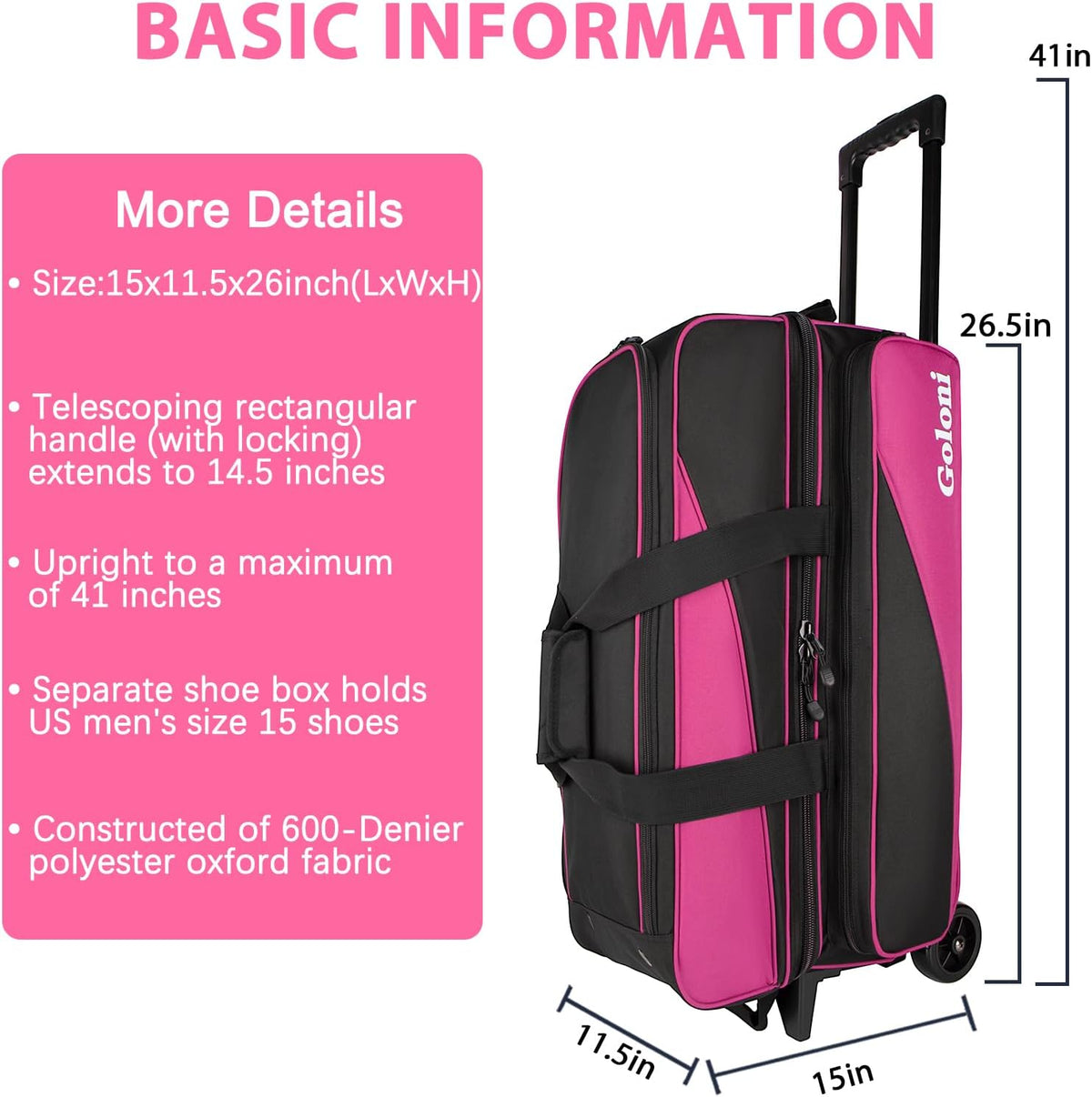 Goloni 3 Ball Bowling Bag with Wheels, Rolling Bowling Roller Bag with Retractable Handle for Balls & Bowling Accessories