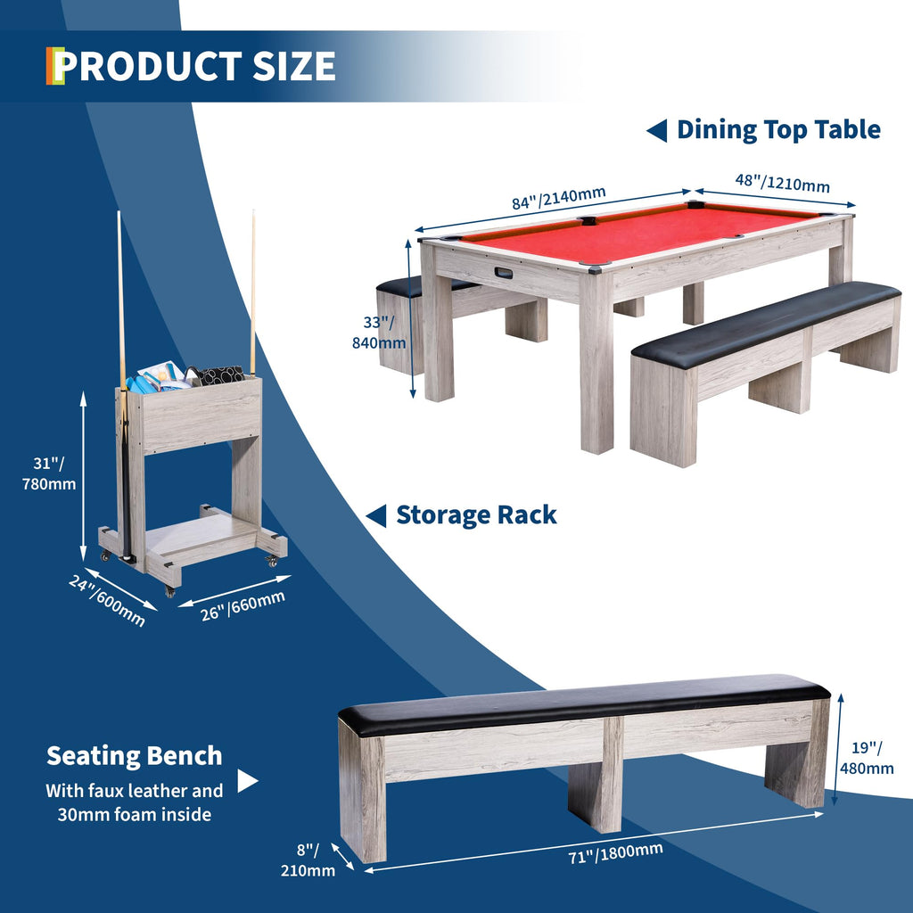 Garvee 7FT 3-in-1 Pool Table Dining Top & Ping Pong