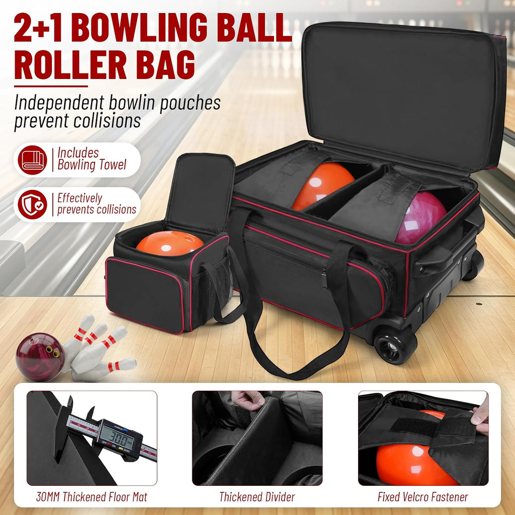 3 Ball Bowling Bag with Wheels,Bowling Bag 2 Ball Roller +1 Ball Tote,Large Sturdy Wheels,Dry & Wet Separation Shoe Compartment,1680D Waterproof Oxford,Retractable Handle,Includes Bowling Ball Towel
