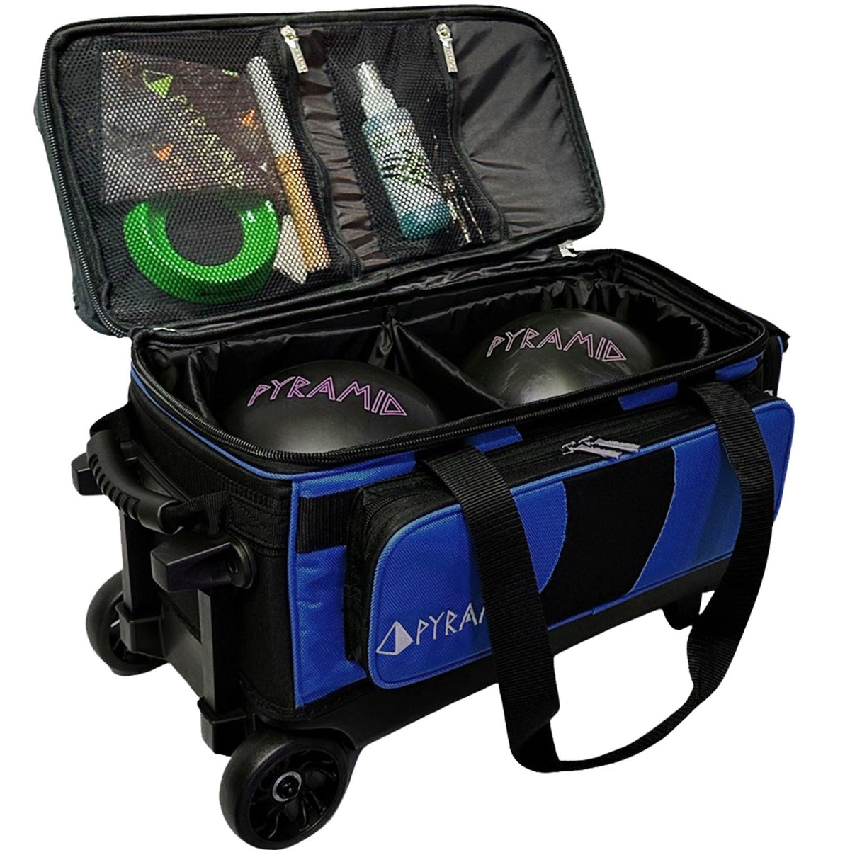 Pyramid Deluxe Double Roller 2 Ball Bowling Bag with Large Separate Shoe Compartment (Up To 2 Pairs Of Shoes) and Accessory Pockets, Sturdy Square Handle - Extends to 40" - Pro Options Available
