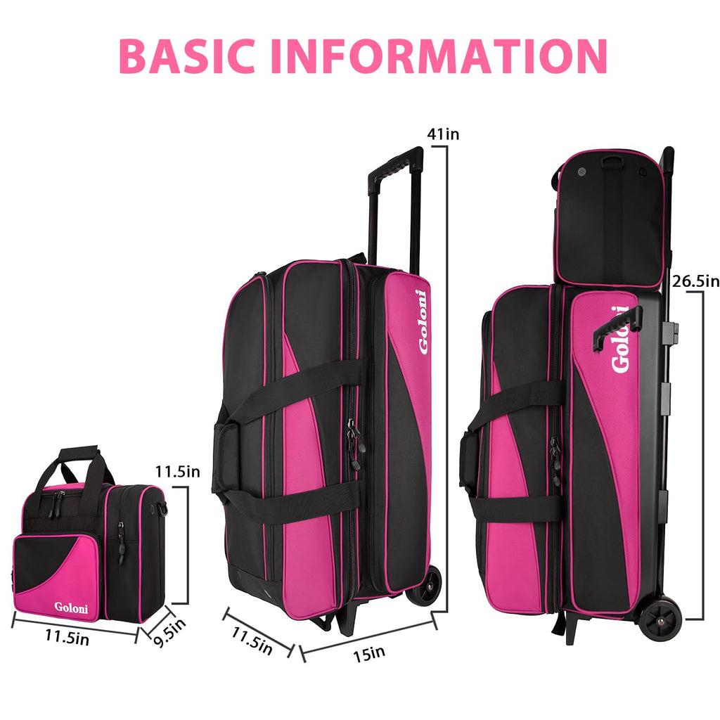 Goloni 3 Ball Bowling Bag with Wheels, Rolling Bowling Roller Bag with Retractable Handle for Balls & Bowling Accessories