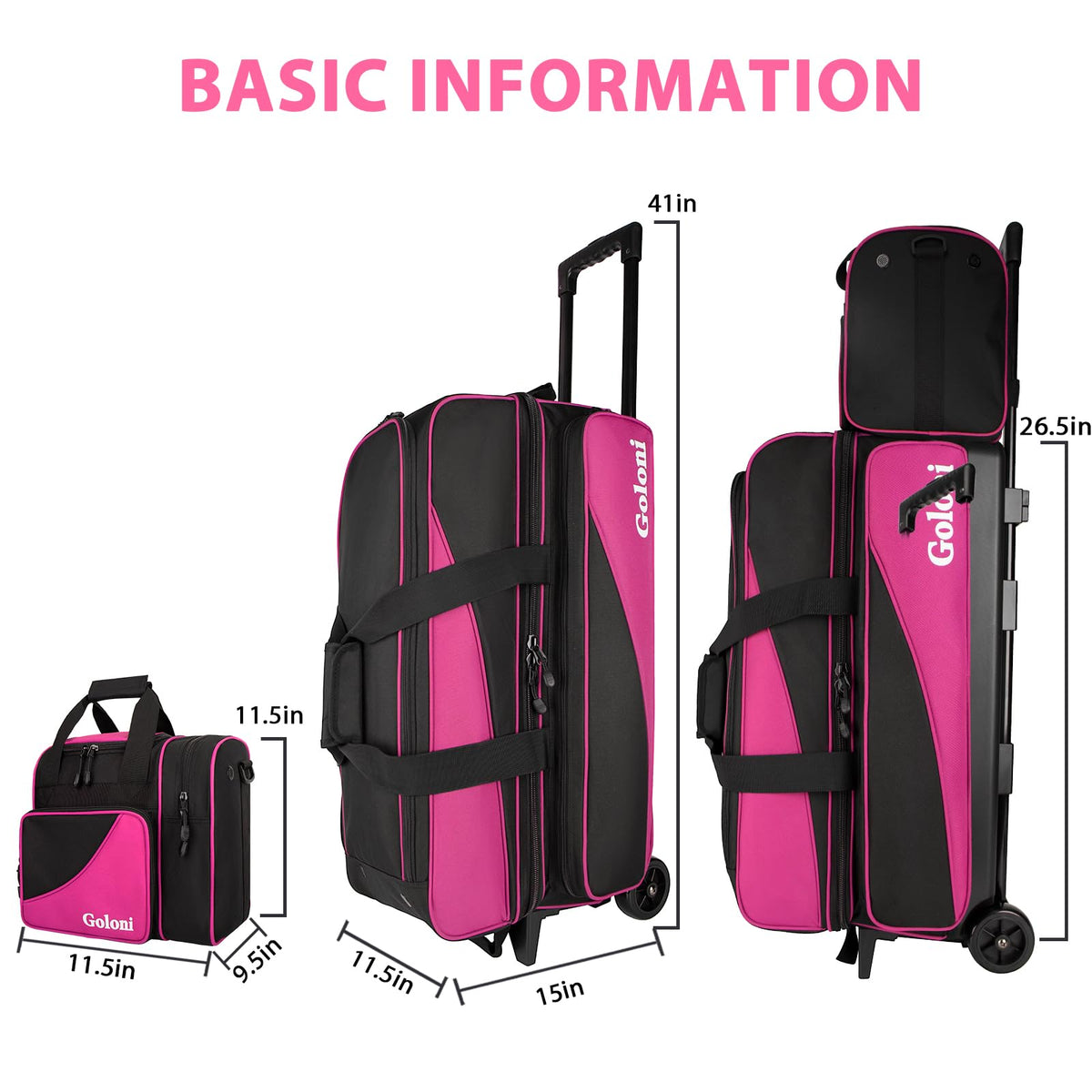 Goloni 3 Ball Bowling Bag with Wheels, Rolling Bowling Roller Bag with Retractable Handle for Balls & Bowling Accessories
