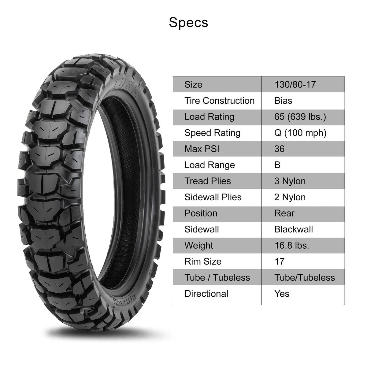 Tusk 2Track Adventure Tire Rear 150/70B-18 (70T) â Dual-Sport Motorcycle Tire, Directional Knobby Tread, Durable Bias Construction, DOT Compliant