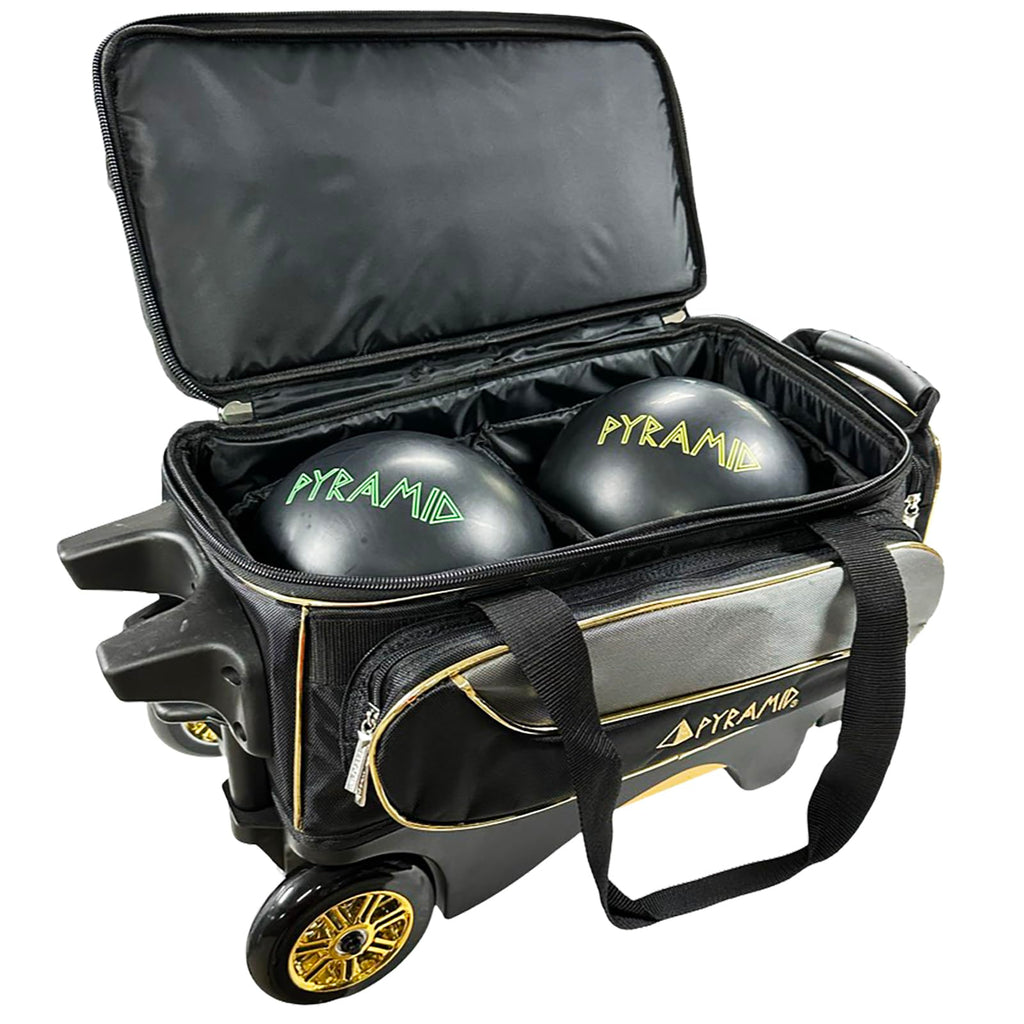 Pyramid Path Premium Deluxe 2 Ball Double Roller Bowling Bag With Large Separate Shoe Compartment (Up To US Mens Size 15) and Oversized Accessory Pocket, Retractable Locking Handle - Extends to 37"