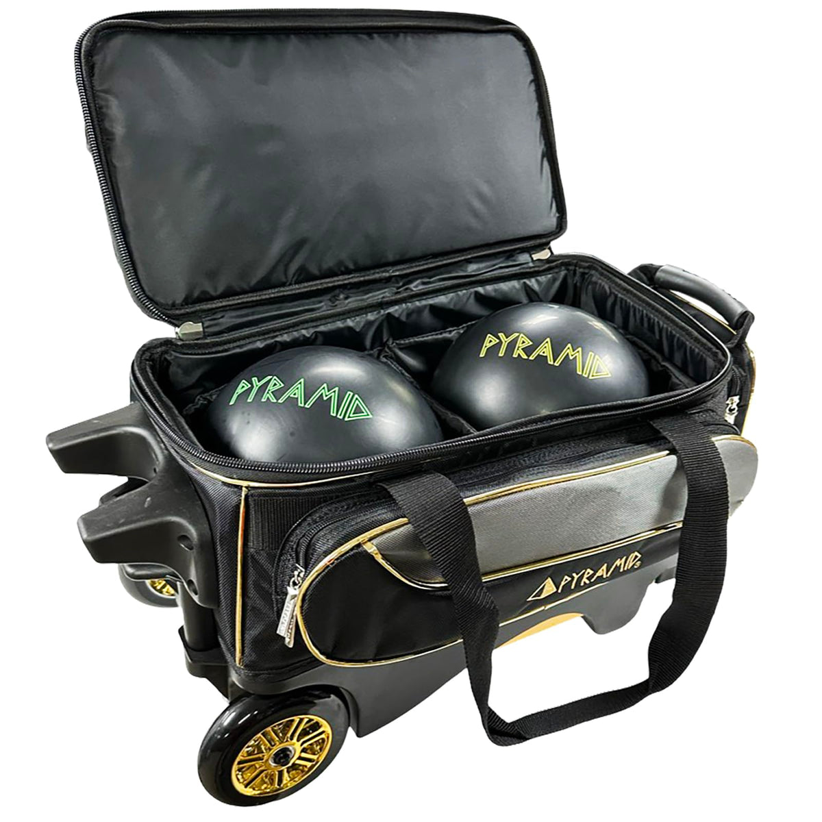 Pyramid Path Premium Deluxe 2 Ball Double Roller Bowling Bag With Large Separate Shoe Compartment (Up To US Mens Size 15) and Oversized Accessory Pocket, Retractable Locking Handle - Extends to 37"