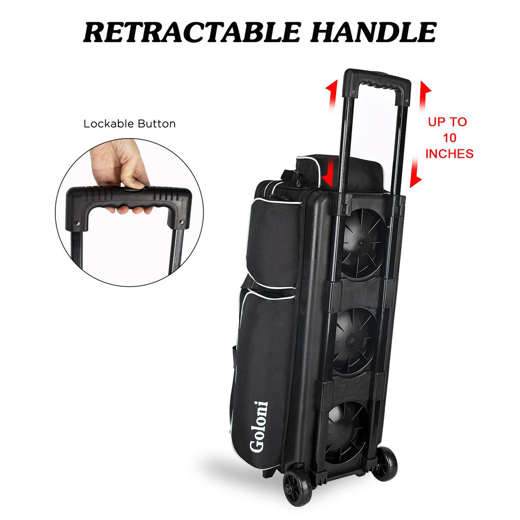 Goloni 3 Ball Bowling Bags with Wheels,Rolling Bowling Ball Bag for 3 Bowling Balls & Bowling Accessories -Retractable Handle Extends to 38"