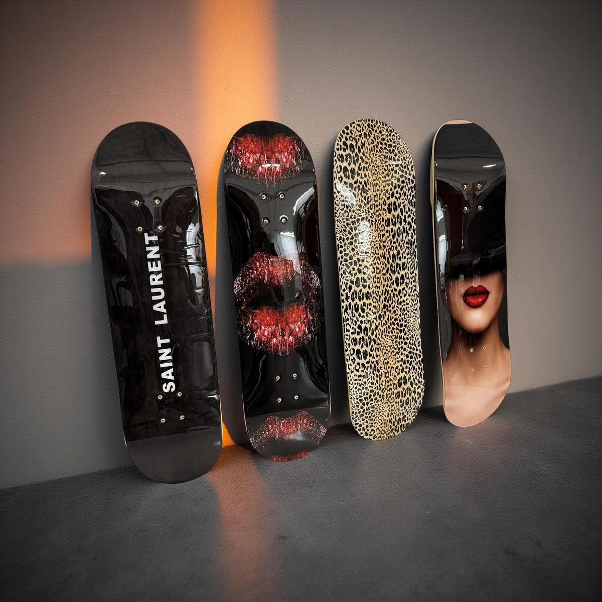 BDTrims 3 Pack Designer-Influenced Pop Art Skateboard Deck Set, Black White and Leopard Print, Premium 7-Ply Maple, Wall Decor, Customization Available
