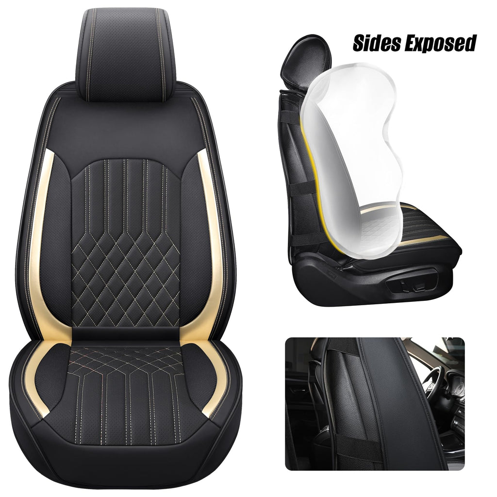 Tomatoman Car Seat Covers Compatible with Chevrolet Bolt EV EUV Faux Waterproof Leather Dustproof Safety Airbag Compatible(2PCS Front/Black Gold)