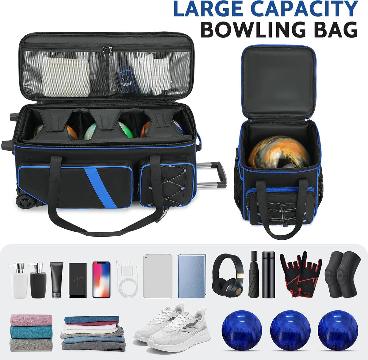 3-4 Ball Bowling Bag with Wheels, Bowling Roller with Add-on Tote Set
