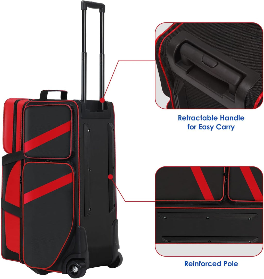 3 Ball Bowling Bags With Wheels,Bowling Bags 3 Ball Roller With Shoes Compartment And Multiple Pockets,3 Ball Bowling Bag has Retractable Handle Extends to 41.5 in