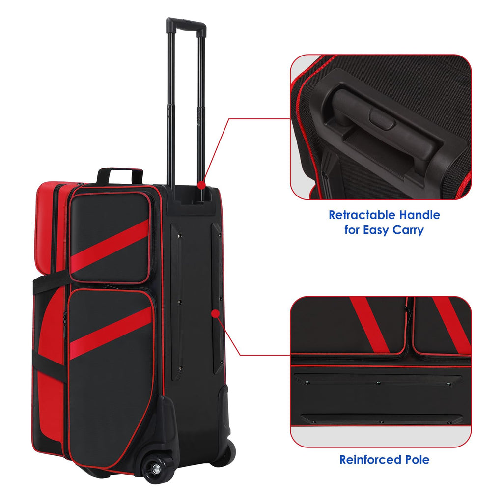 3 Ball Bowling Bags With Wheels,Bowling Bags 3 Ball Roller With Shoes Compartment And Multiple Pockets,3 Ball Bowling Bag has Retractable Handle Extends to 41.5 in