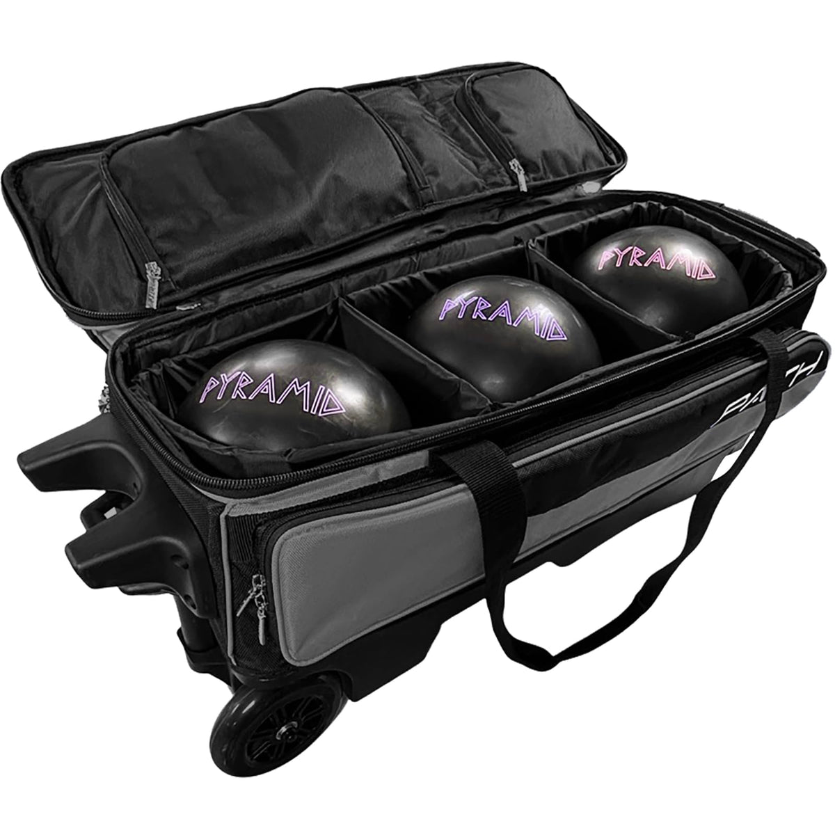 Pyramid Path Triple Premium Deluxe Roller Bowling Bag With Extra Large Separate Shoe Compartment (Up To US Mens Size 16) and 5 Accessory Pockets, 5" Wheels, Retractable Locking Handle - Extends to 42"