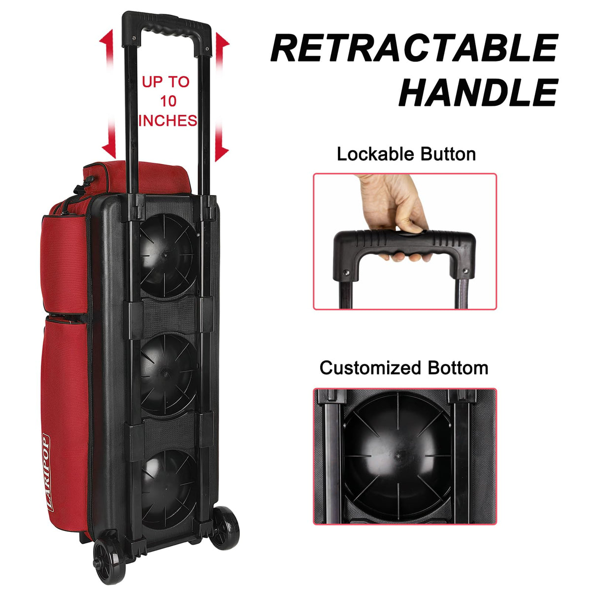 LARIPOP 3 Ball Bowling Bag with Wheels and Shoe Compartment, Rolling Bowling Bag for 3 Balls, Heavy Duty Bowling Roller Bag with Retractable Handle for Men Women