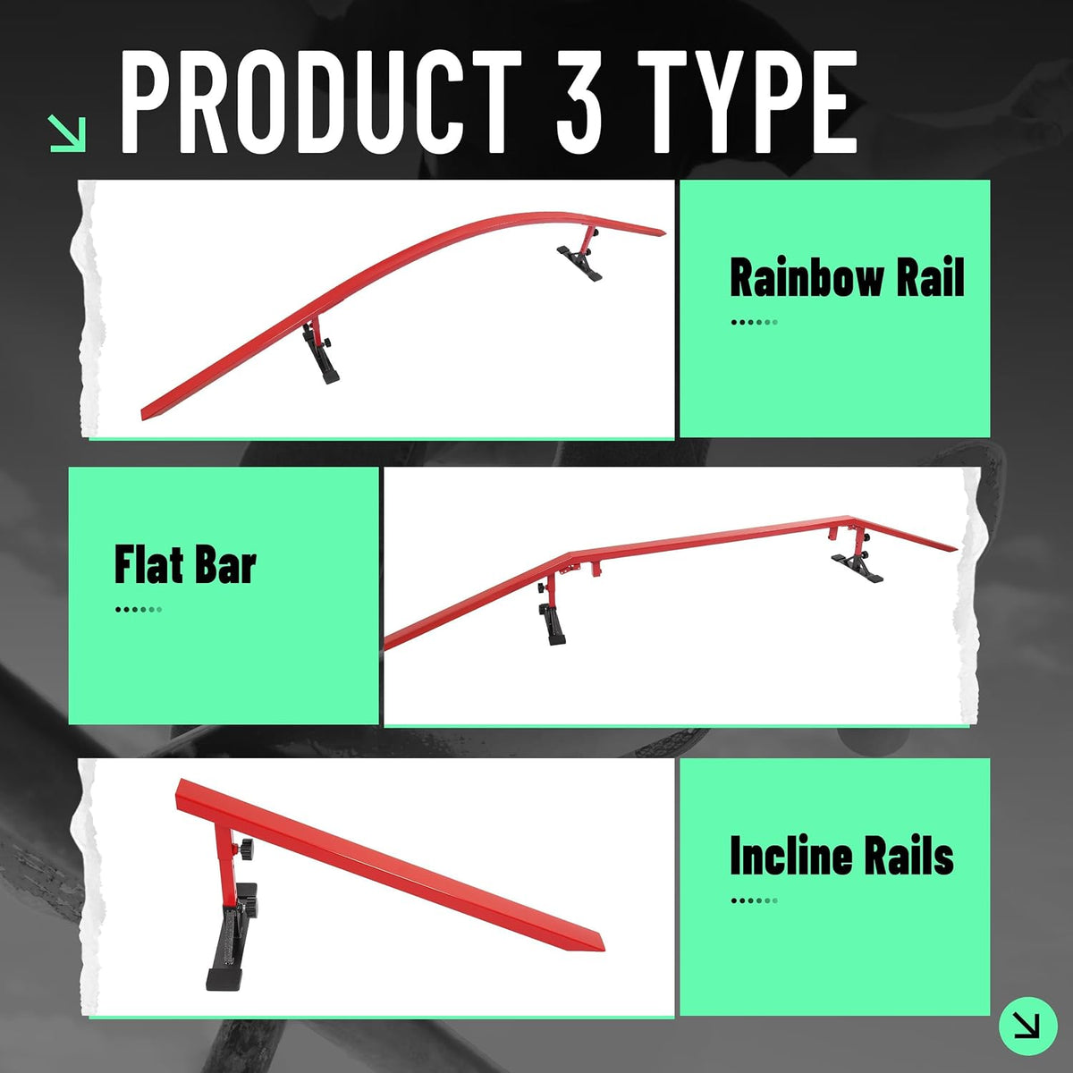 Ultimate Skateboard Rail Grindrail Kit - Modular Adjustable Grind Ramp Multi-Sport Rail for Skate, BMX Bike, Roller, Snowboard, Scooter, Rainbow Flat Incline Rail