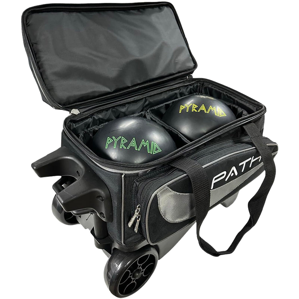 Pyramid Path Premium Deluxe 2 Ball Double Roller Bowling Bag With Large Separate Shoe Compartment (Up To US Mens Size 15) and Oversized Accessory Pocket, Retractable Locking Handle - Extends to 37"