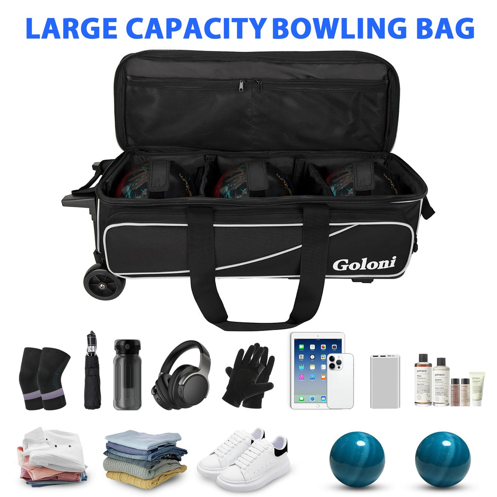 Goloni 3 Ball Bowling Bag with Wheels, Rolling Bowling Roller Bag with Retractable Handle for Balls & Bowling Accessories