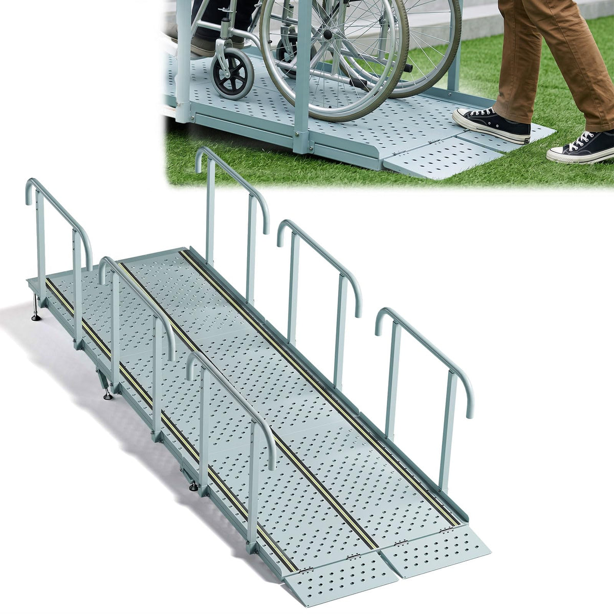 RDCMKL Wheelchair Ramp with Handrails, 3-10" Rise, Non-Slip, Carbon Steel