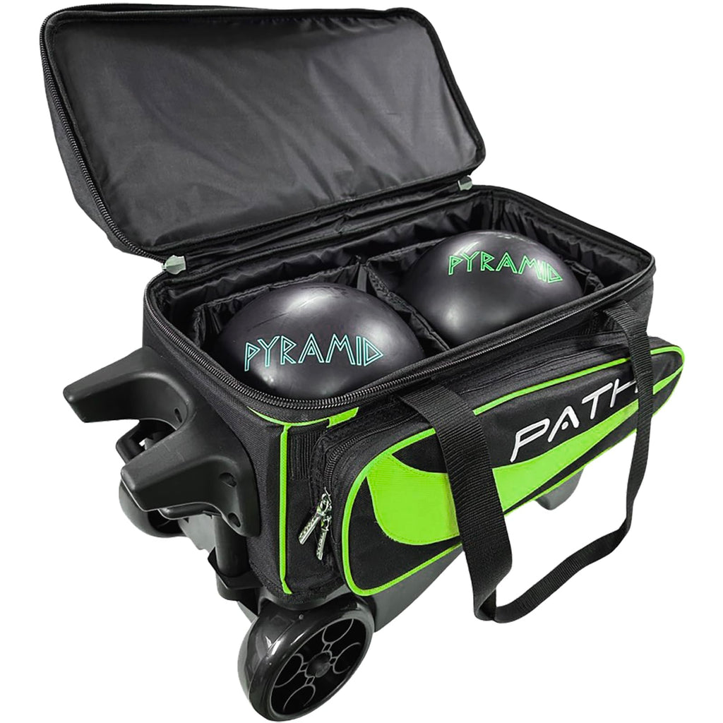 Pyramid Path Premium Deluxe 2 Ball Double Roller Bowling Bag With Large Separate Shoe Compartment (Up To US Mens Size 15) and Oversized Accessory Pocket, Retractable Locking Handle - Extends to 37"