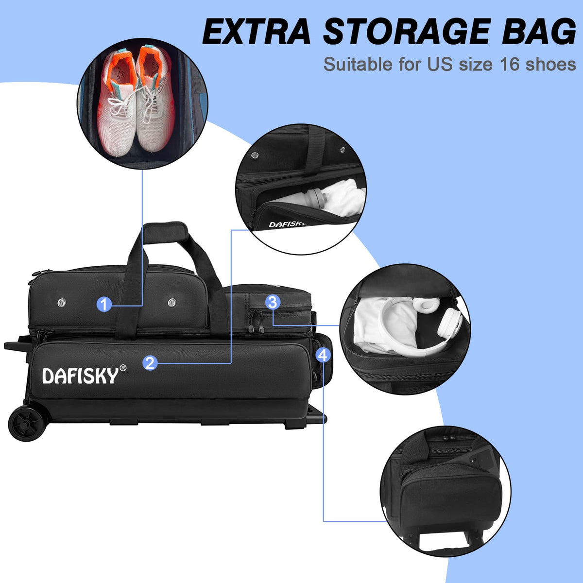 DAFISKY 3 Ball Bowling Bags, Roller Bowling Bag with Retractable Handle