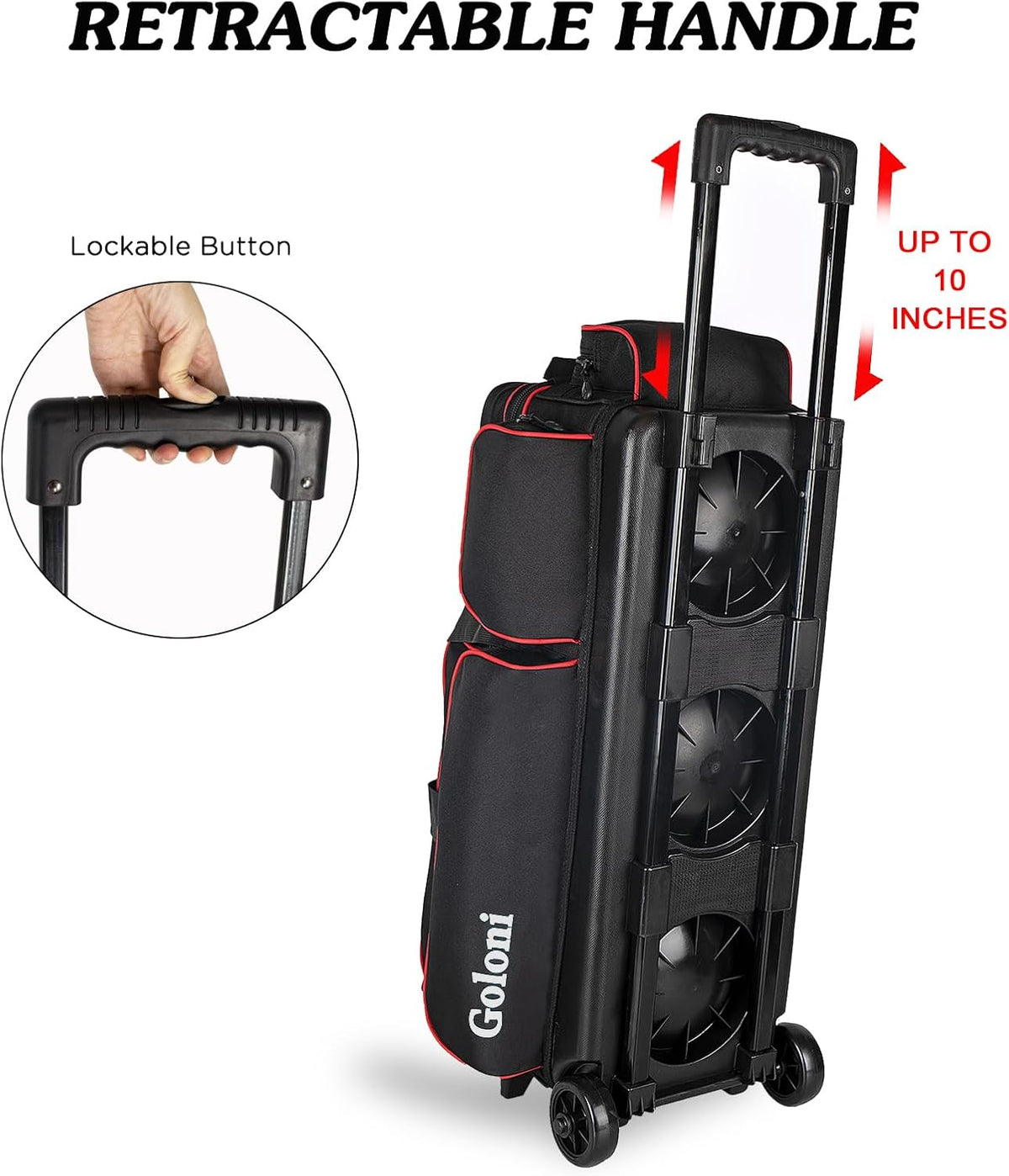 Goloni 3 Ball Bowling Bags with Wheels,Rolling Bowling Ball Bag for 3 Bowling Balls & Bowling Accessories -Retractable Handle Extends to 38"