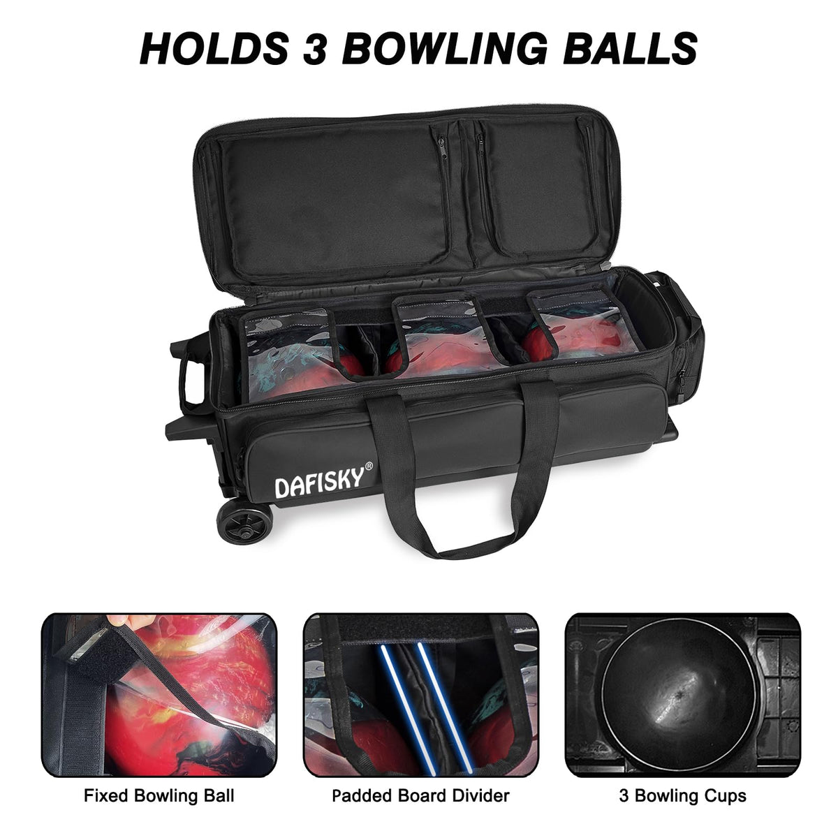 DAFISKY 3 Ball Bowling Bags, Roller Bowling Bag with Retractable Handle