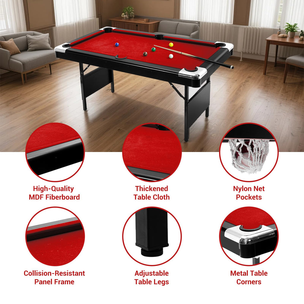 7 Foot Pool Table for Family, Foldable No Assembly Pool Table with Balls, Cues, Chalk, Rack & Brush, Portable Billiards Game Table for Apartment, Basement, Office & Game Room
