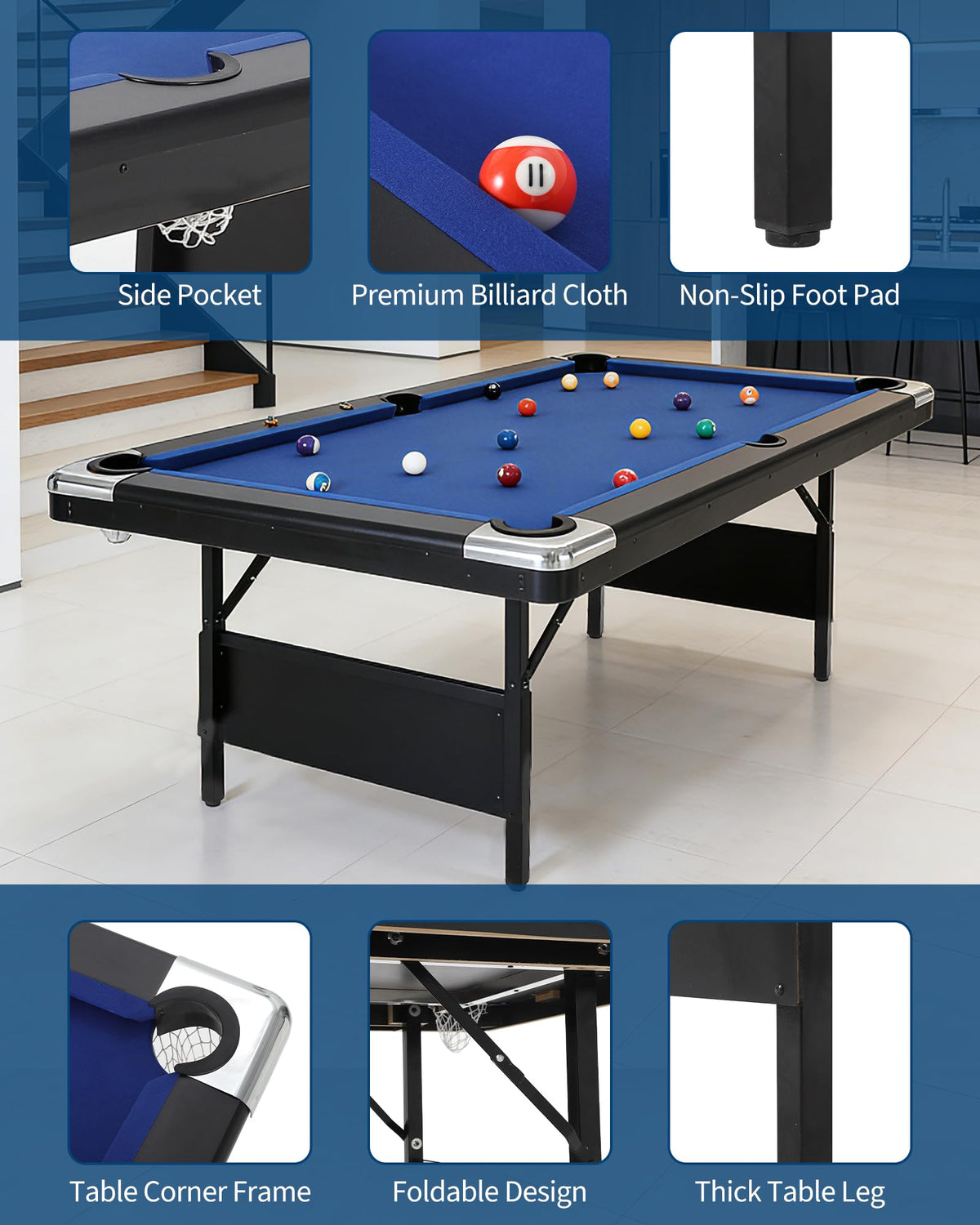 6,7 Foot Foldable Pool Table, Portable Billiards Table for Adults with Full Accessories Set, Mesa De Billar Includes 16 Balls, 2 Cue Sticks, Chalk, Rack & Brush, Game Room Table for Home