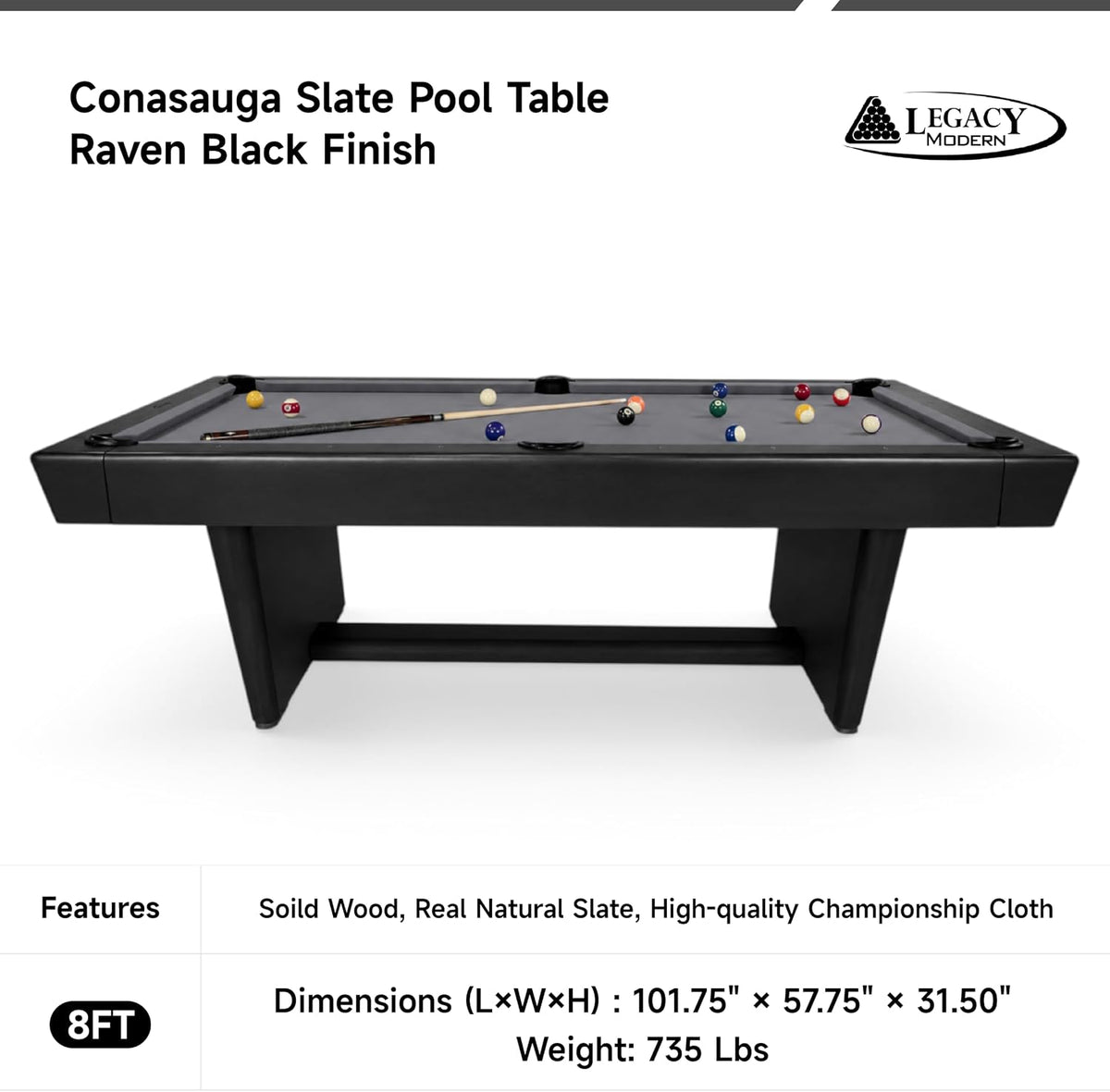 Legacy - Conasauga Slate Pool Tableï¼8FT, Raven Finishï¼