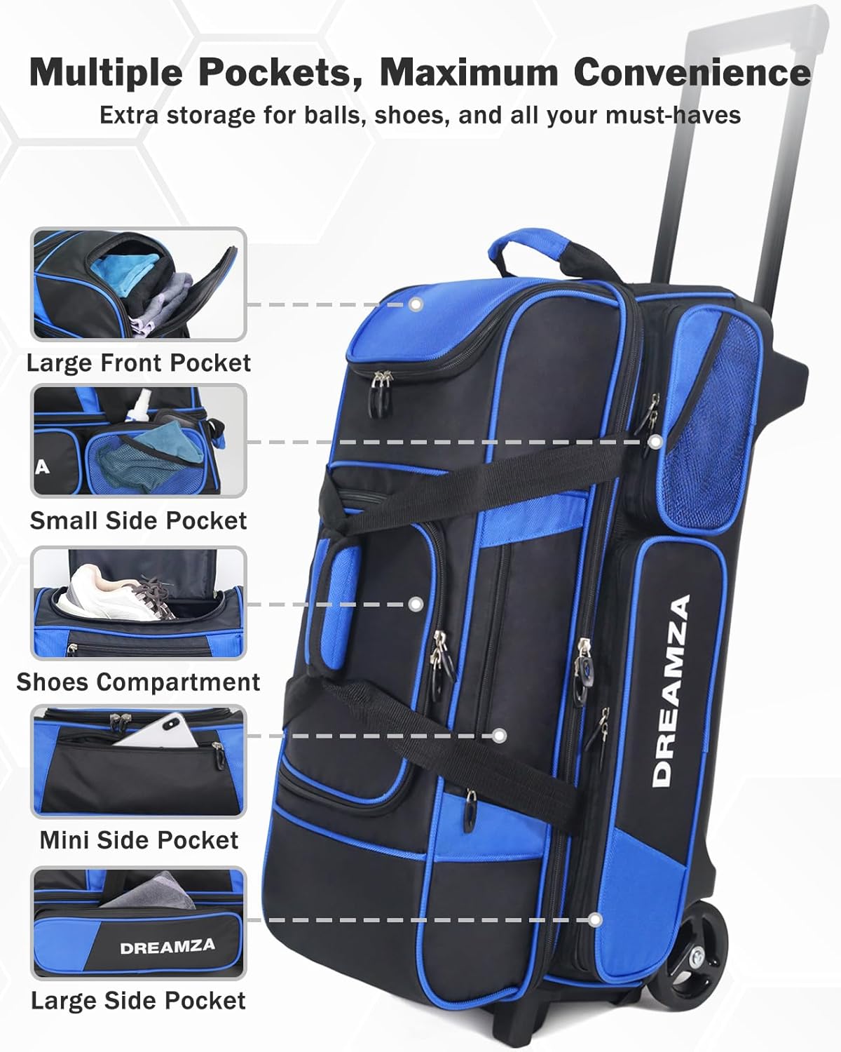 Premium 3 Ball Roller Bowling Bag with Wheels, Large Shoes Pocket