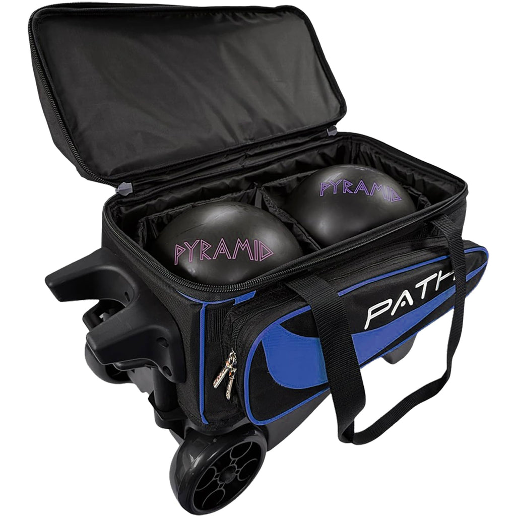 Pyramid Path Premium Deluxe 2 Ball Double Roller Bowling Bag With Large Separate Shoe Compartment (Up To US Mens Size 15) and Oversized Accessory Pocket, Retractable Locking Handle - Extends to 37"