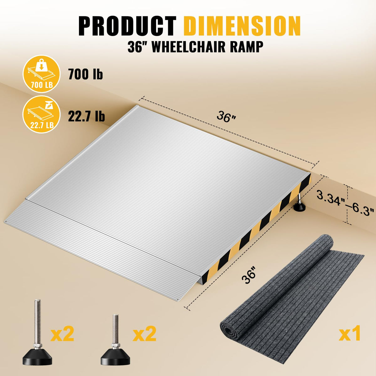 Aluminum Threshold Ramp for Doorways, 48" Ã 36" Wheelchair Ramp for Home, Adjustable for 3.3"â9.2" Step & Threshold Heights, 1000 lb Capacity, Non-Slip Surface, Foldable, for Single Step Entryways