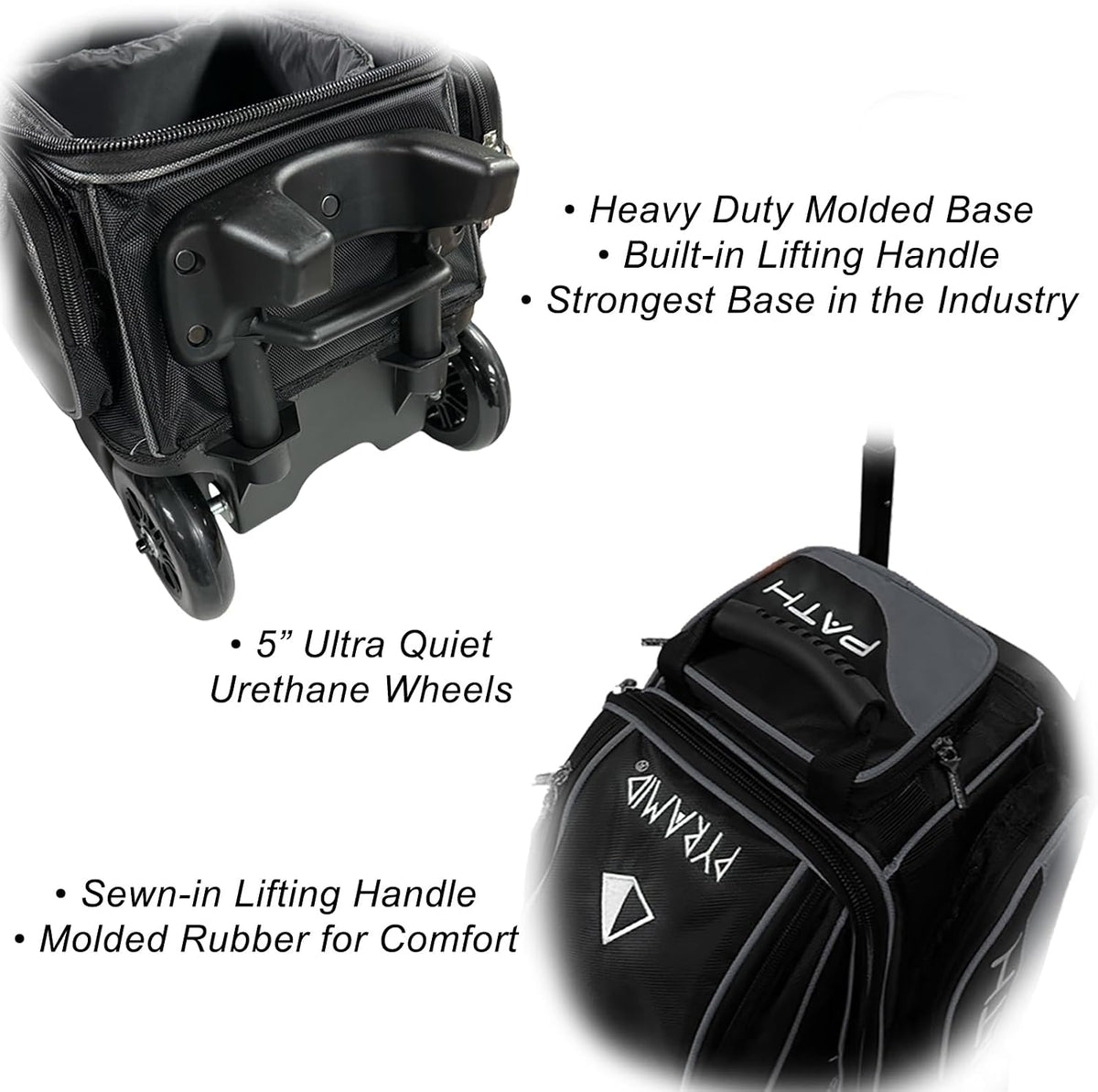 Pyramid Path Triple Premium Deluxe Roller Bowling Bag With Extra Large Separate Shoe Compartment (Up To US Mens Size 16) and 5 Accessory Pockets, 5" Wheels, Retractable Locking Handle - Extends to 42"