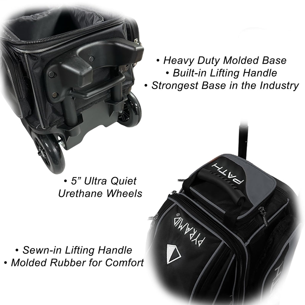 Pyramid Path Triple Premium Deluxe Roller Bowling Bag With Extra Large Separate Shoe Compartment (Up To US Mens Size 16) and 5 Accessory Pockets, 5" Wheels, Retractable Locking Handle - Extends to 42"