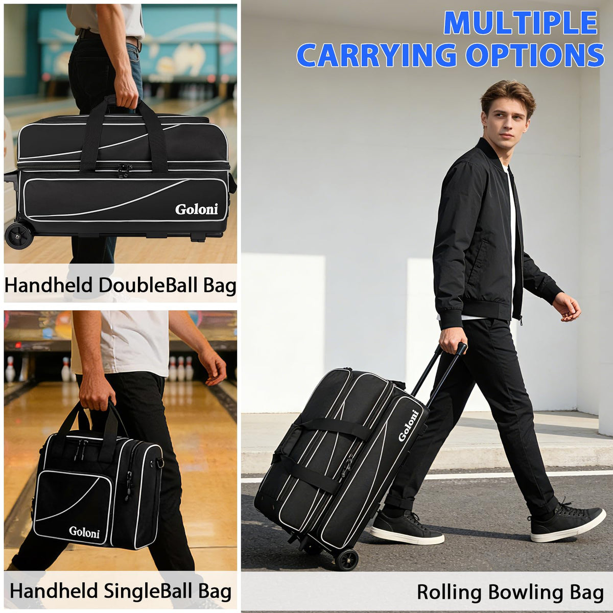 Goloni 3 Ball Bowling Bag with Wheels, Rolling Bowling Roller Bag with Retractable Handle for Balls & Bowling Accessories